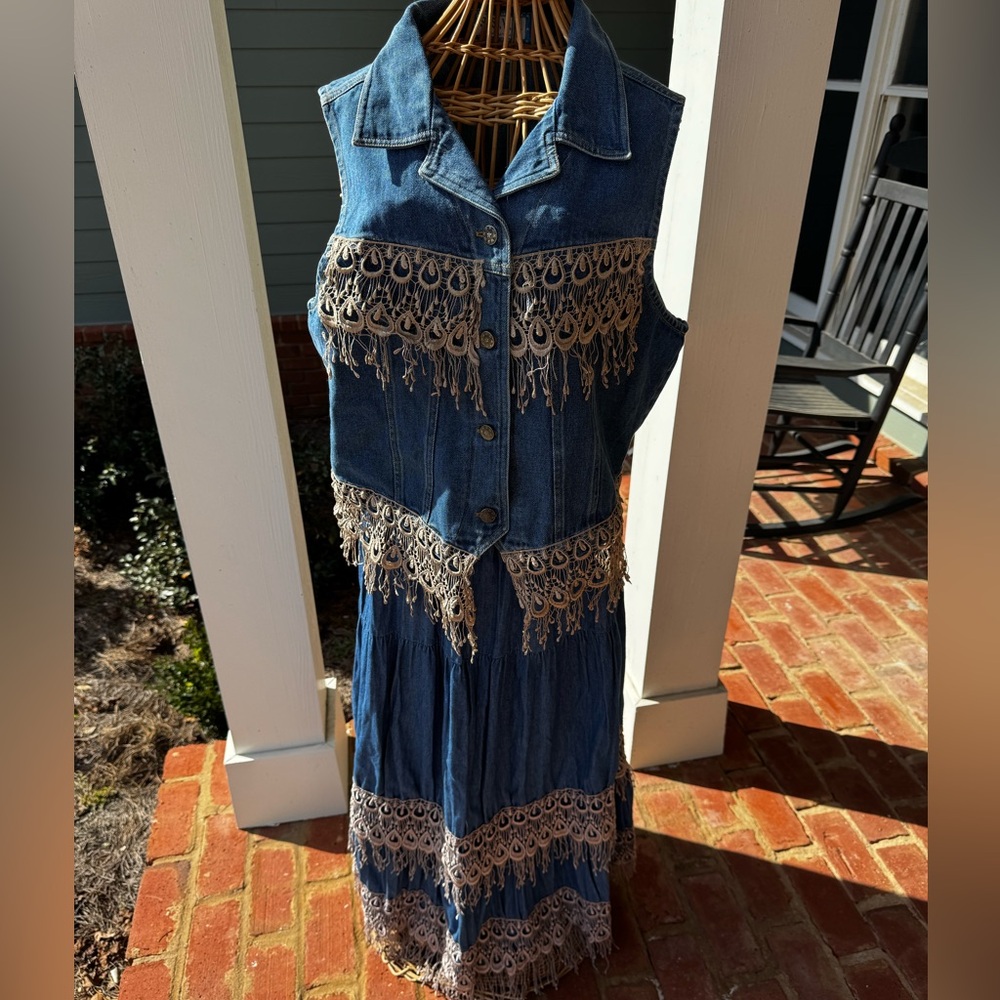 90s Boho Fringe Denim Vest & Skirt Set | Festival Wear